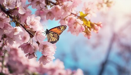 Wall Mural - beautiful butterfly and cherry blossom branch in spring on blue sky background with copy space soft focus amazing elegant artistic image of spring nature frame of pink sakura flowers and butterfly