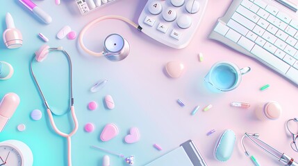 Wall Mural - Colorful medical equipment and pills on a pastel background