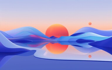 Wall Mural - A digital art piece featuring a surreal landscape with waves and a vibrant sun setting in the background, reflecting in water