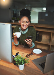 Aufkleber - Cellphone, coffee and portrait of business woman in office networking on social media, app or internet. Smile, cappuccino and female designer scroll on website with phone by computer in workplace.