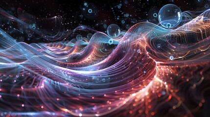 Poster -  A quantum annealing process visualized within a quantum computer, with qubits exploring a vast landscape of energy states, tunneling through barriers to find the lowest energy solution