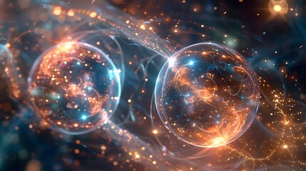 Poster - Two entangled particles represented as glowing orbs, linked by a web of ethereal light, instantly mirroring each other’s states despite the vast distance between them