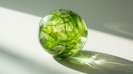 Wall Mural - Artistic glass ball with green algae pattern inside, casting a shadow on a white surface. Concept of art, nature, and design.
