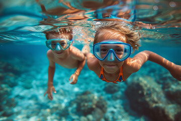 Underwater view of two children snorkeling in clear blue waters, with coral reefs in background. Kids are wearing snorkel masks and are swimming, enjoying the exploration. aquatic adventure in summer.