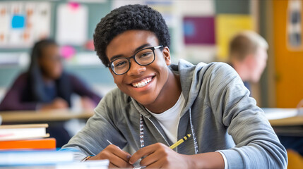 A smiling boy in glasses is writing in a classroom.
