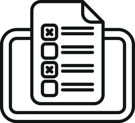 Poster - Black and white clipboard with checklist icon in line art vector illustration, a simple and efficient organizational tool for managing tasks and responsibilities in the office