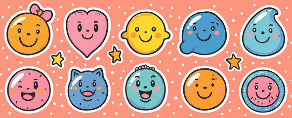 Colorful set of smiling face labels and retro sticker shapes, featuring funny characters and quotes.