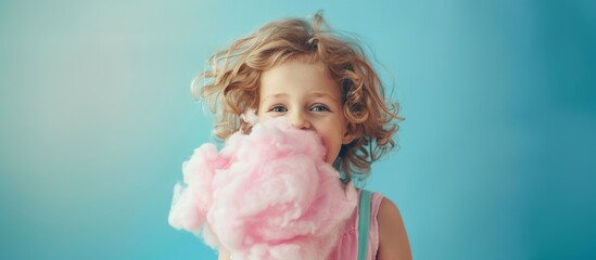 happy cute child eating cotton candy. copyspace. blue background