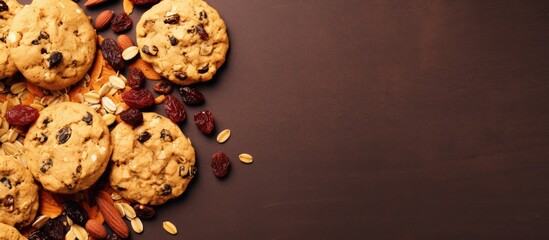 Wall Mural - Top view of homemade oatmeal cookies with cranberries and pumpkin seeds captured in a copy space image