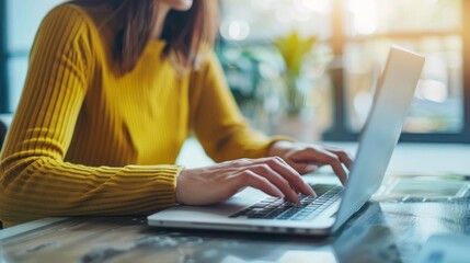 Wall Mural - Businesswomen typing using laptop computer technology on office background. Generated AI