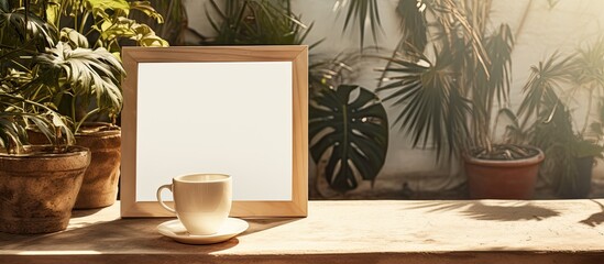 Outdoor summer photo of a marine style mock up featuring an empty wooden frame a cup of coffee a rope and a magnifier with palm shadows. Copyspace image