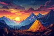 © Sarawut - Tourist tent in the mountains under evening sky, Colorfull sunset in mountains, Vector illustration.
