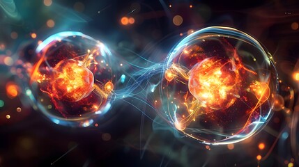 Poster - Two entangled particles represented as glowing orbs, linked by a web of ethereal light, instantly mirroring each other’s states despite the vast distance between them