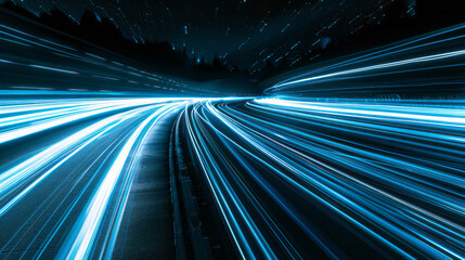 A streak of dynamic blue light trails across a pitch-black background, creating a sense of speed and fluid motion. The light bends and curves gracefully, symbolizing velocity and futuristic technology