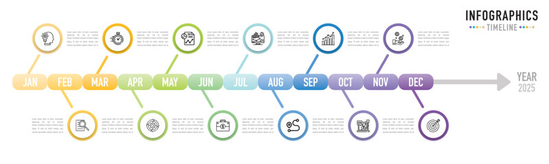 Timeline infographic template or element with 12 step, process, option, colorful circle, line, icons, label, rectangle, bar, arrow for sale slide, flowchart, workflow, planner, roadmap, milestone, web