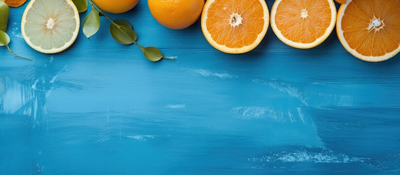 a top view of a blue kitchen table adorned with slices of fresh juicy oranges complete with pulp and