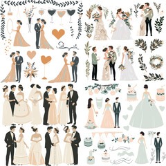 Set of wedding pictures, bride and groom in love, the vector