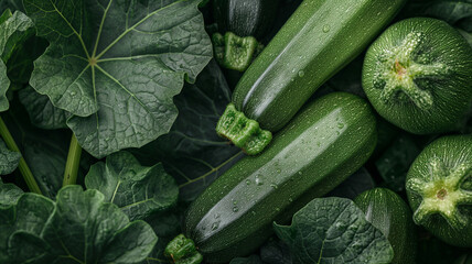 close-up of fresh courgette captured with their intense green hues and shiny texture. summer vegetab