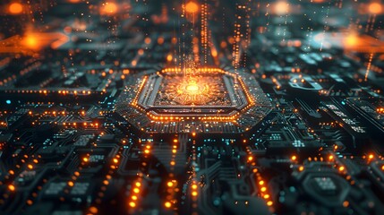 Poster -  An advanced quantum computer in a futuristic lab, performing complex computations with glowing, interconnected nodes, surpassing classical supercomputers in speed and complexity
