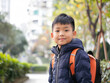 © VISUAL BACKGROUND - A young boy with a backpack standing in the street.