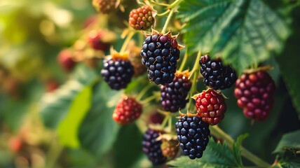 Wall Mural - Blackberries grow in the garden. Ripe and unripe blackberries on a bush. selective focus. Generative AI,