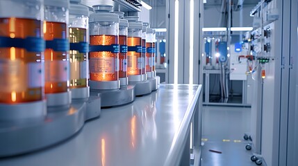 Poster -  A laboratory scene with tanks of electrolytes and futuristic battery prototypes, emphasizing the innovative nature of redox flow batteries and their potential for scalable energy storage 