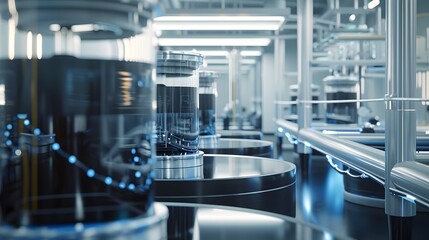 Poster -  A laboratory scene with tanks of electrolytes and futuristic battery prototypes, emphasizing the innovative nature of redox flow batteries and their potential for scalable energy storage 