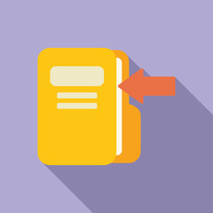 Poster - flat design of a yellow book icon with red arrow indicating insertion or next page on a purple backd
