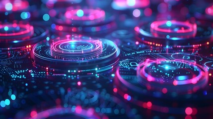 Poster -  Traditional assets being converted into digital tokens on a blockchain, visualized as assets transforming into glowing digital tokens, facilitating easy transfer and representation