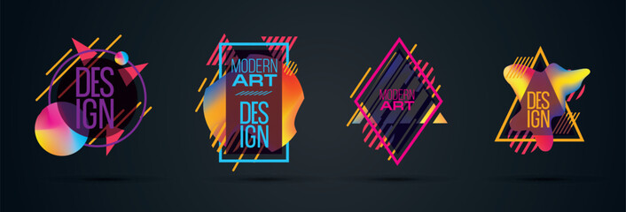 Poster - retrofuturism poster design in trend retro frame design neon colors on black dark background. modern