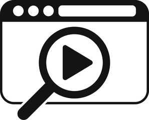 Poster - black and white vector icon depicting a magnifying glass over a video play button symbol