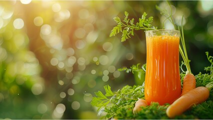 Poster - Refreshing carrot juice on green bokeh background with plenty of copy space for text and messages. with high resolution photography, copy space for text banner background