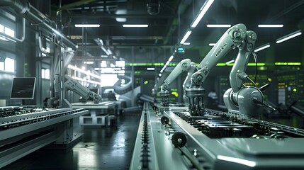 Poster -  a high-tech recycling facility where robotic arms meticulously disassemble spent EV batteries, extracting valuable materials and contributing to environmental sustainability