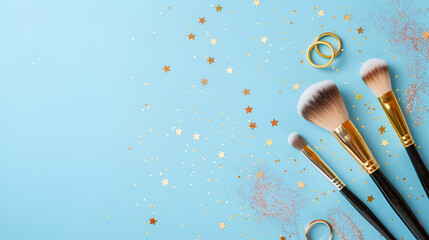 Make up beauty concept. trendy scrunchy makeup brushes barrettes gold rings and star shaped confetti on isolated pastel blue background ai generative