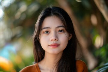 Wall Mural - A portrait of an Asian woman with long hair, in front of green trees and blurred background, wearing orange clothes