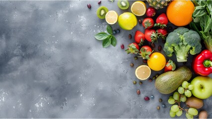 Canvas Print - Fresh fruits and vegetables on grey background. Healthy eating concept. Flat lay, copy space.. with high resolution photography, copy space for text banner background