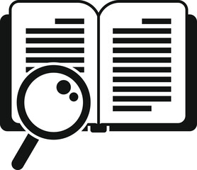 Poster - black and white icon depicting a magnifying glass over an open book, symbolizing research and examin