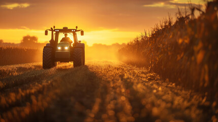 tractor working on corn wheat field in day sunligh