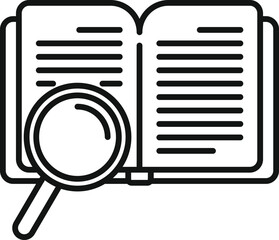 Poster - Black line art illustration of an open book with a magnifying glass symbolizing research and study