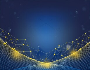 Wall Mural - A dark blue background with blue and yellow lines geometric polygonal space low poly network nodes with connected dots and lines on dark blur blue tone background. Concept for digital