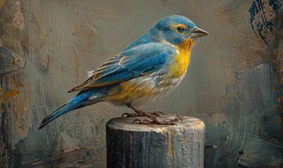 a big blue bunting bird with a golden head standing on a grey wood post