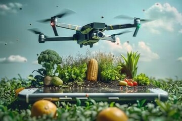 Wall Mural - Agricultural productivity with advanced drone technology, employing smart farming techniques in an isometric view for precision crop management and sustainable farming practices.