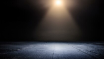 A dark room with a concrete floor and a spotlight. Suitable for dramatic or mysterious themed designs, theater and event promotion, and creative storytelling visuals