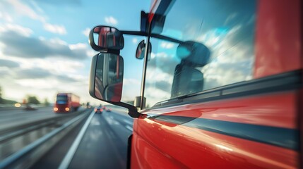 Traveler's View: Closeup of Truck's Side Mirror Reflecting Busy Highway - Driver's Perspective