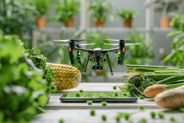 Isometric drone operations in tulip fields with modern farm technology, providing green agriculture views and precision farming techniques for desert farming crops.