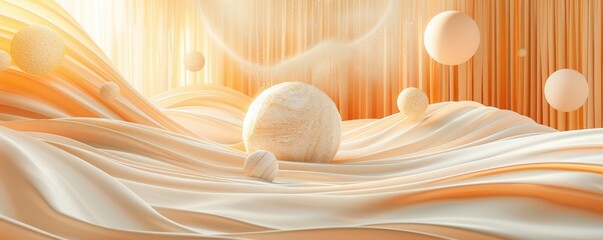 Poster - Abstract background with 3D shapes and spheres in pastel colors, in the style of peach color