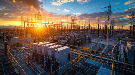 Sunset casting a golden glow over a modern electrical power station, symbolizing energy production and technological advancement.