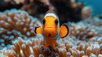 Poster -   A macro image of a clownfish on coral, surrounded by two anemones