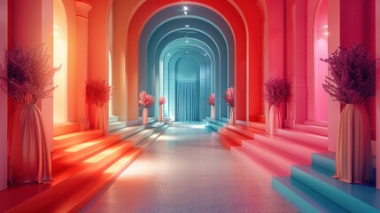 Wall Mural - A colorful hallway with a pink archway and a blue archway