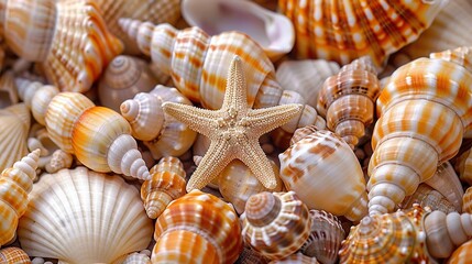 Poster -   A starfish perched atop a mound of seashells beside another heap of shells